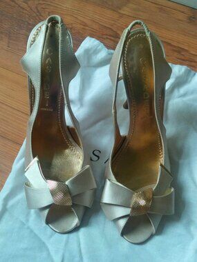 Casadei Leather Satin Peep toe Open Bow Slingback Heels